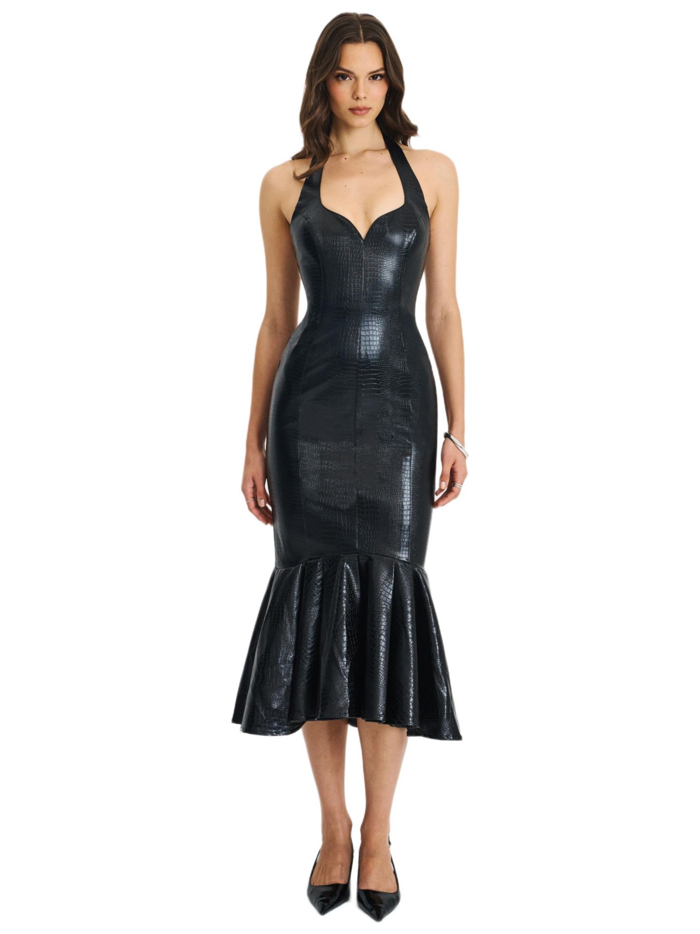 Женское платье Miss Circle Gardenia Black Leather Midi Sweetheart Halter Flared, цвет: Чёрный — фото 1