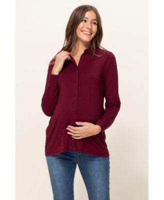 Maternity Button Up Collared Long Sleeve Top