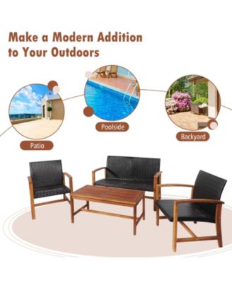 4PCS Patio Rattan Seating Set with Acacia Wood Base