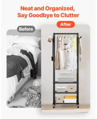 Rolling Clothes Rack with Hanging Rod, Side Hooks & 3 Shelves, 99 lb Capacity, Heavy-Duty Carbon Steel Garment Rack