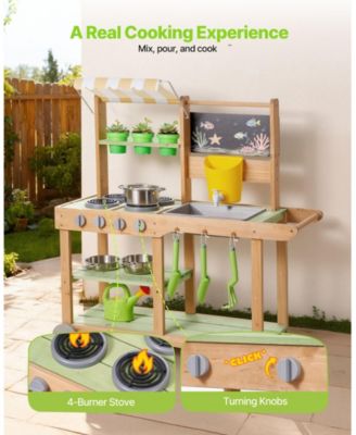 Kids Outdoor Mud Kitchen, Wooden Play Kitchen with Sink, Sunshade Canopy & Swivel Wheels, Spoons, Cookware Pots & Accessories