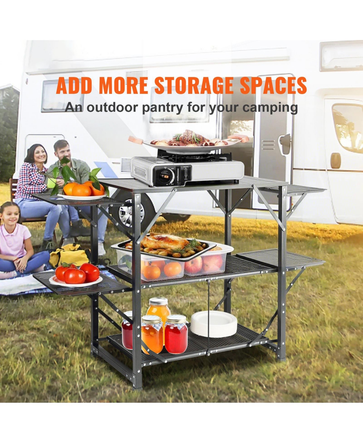 Mecale Camping Kitchen Table Cook Station, One-Piece Folding Portable Aluminum Table with Carrying Bag, 4 Side Tables and 2 Shelves