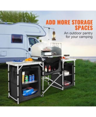 Camping Kitchen Table, Folding Outdoor Cook Station with 3 Cupboards & Windscreen, Carry Bag, Black