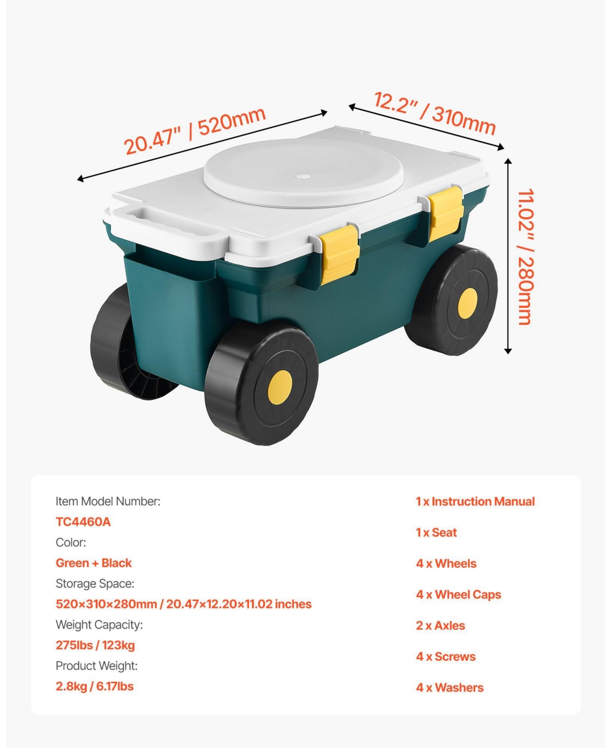 Mecale 2-in-1 Garden Scooter with Seat, Rolling Cart with Storage Bin, 227 lb Capacity, Lightweight Gardening Stool with Handle