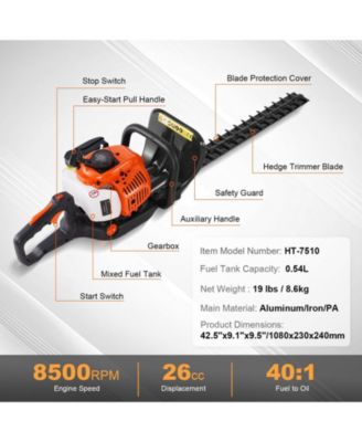 23.2" 26CC 2-Cycle Gas Hedge Trimmer, Dual-Sided Dual-Action Blade, 180&deg; Adjustable Head, Handheld Trimmer for Shrubs