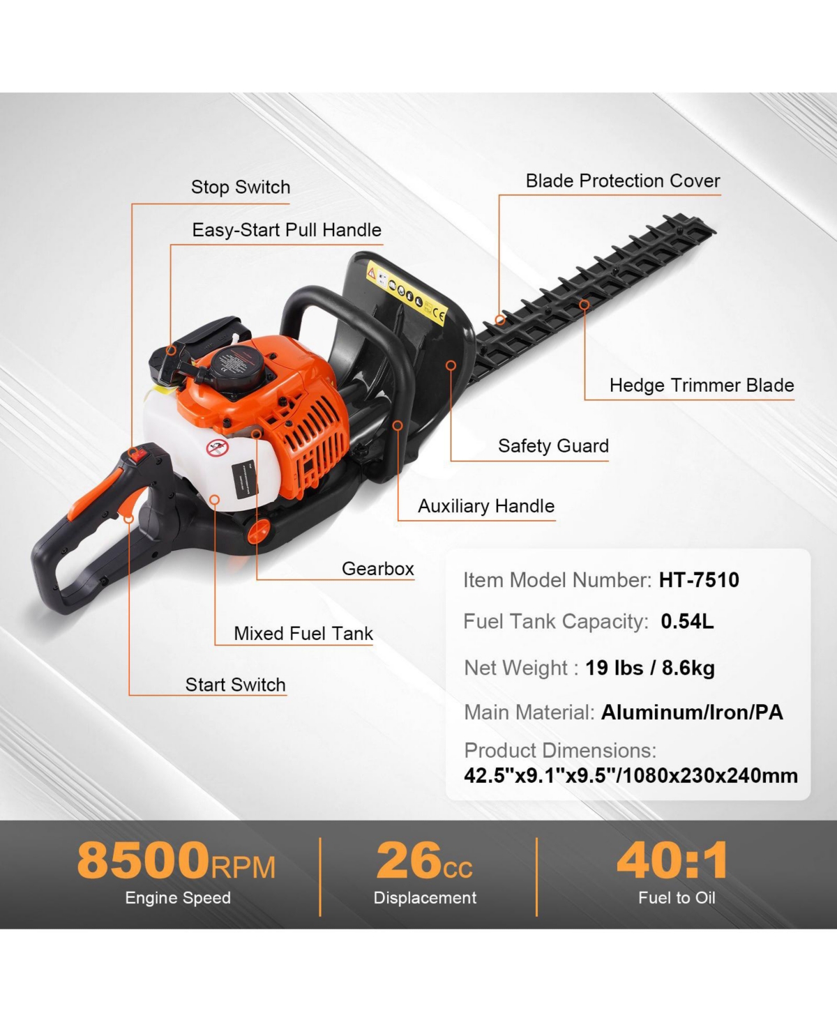 Mecale 23.2" 26CC 2-Cycle Gas Hedge Trimmer, Dual-Sided Dual-Action Blade, 180° Adjustable Head, Handheld Trimmer for Shrubs