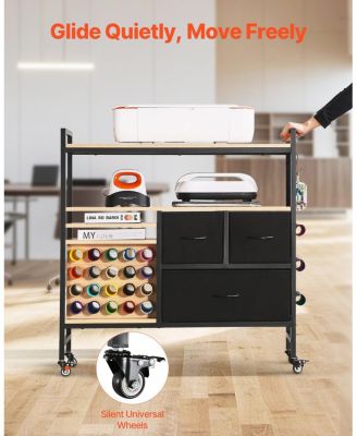 Rolling Craft Cart & Storage Table for Cricut Machines, 20 Vinyl Roll Holders, 3 Drawers, Craft Organizer Workstation, Black