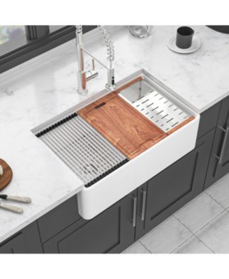 huluwat 33x20x10inch White Farmhouse Sink Ceramic Porcelain Double Bowl Workstation Kitchen