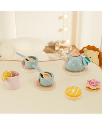 15-Piece Wooden Tea Set for Kids, Pretend Play Toy with Teapot, Cups & Treats