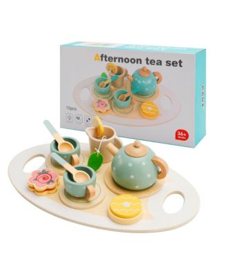 15-Piece Wooden Tea Set for Kids, Pretend Play Toy with Teapot, Cups & Treats