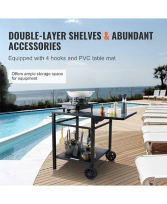 Outdoor Grill Prep Cart, Double-Shelf Folding Iron Table with Wheels, Carry Handle, for BBQ & Pizza Oven