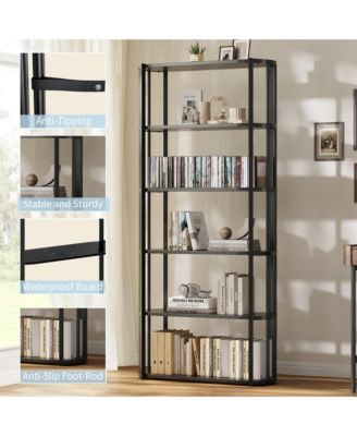 71 Inch Tall Bookshelf, 6 Tier Industrial Bookcase with Heavy Duty Metal Frame, Slim Farmhouse Storage Shelves