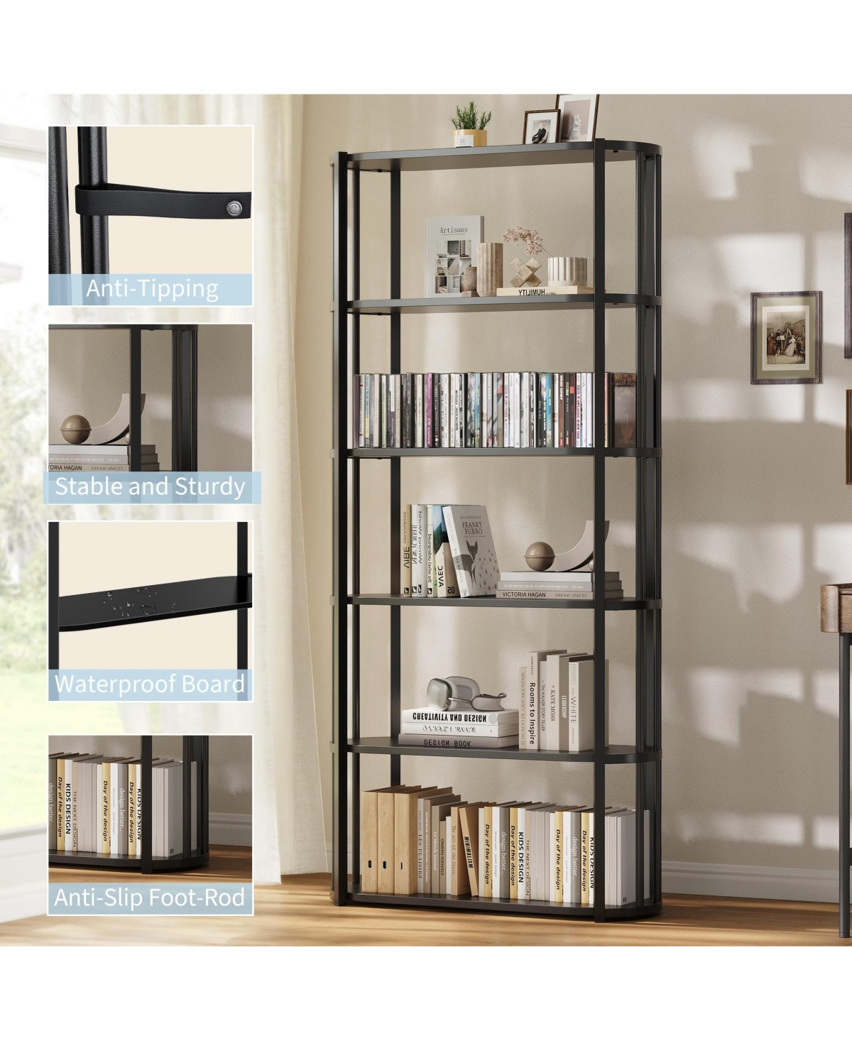 gaomon 71 Inch Tall Bookshelf, 6 Tier Industrial Bookcase with Heavy Duty Metal Frame, Slim Farmhouse Storage Shelves