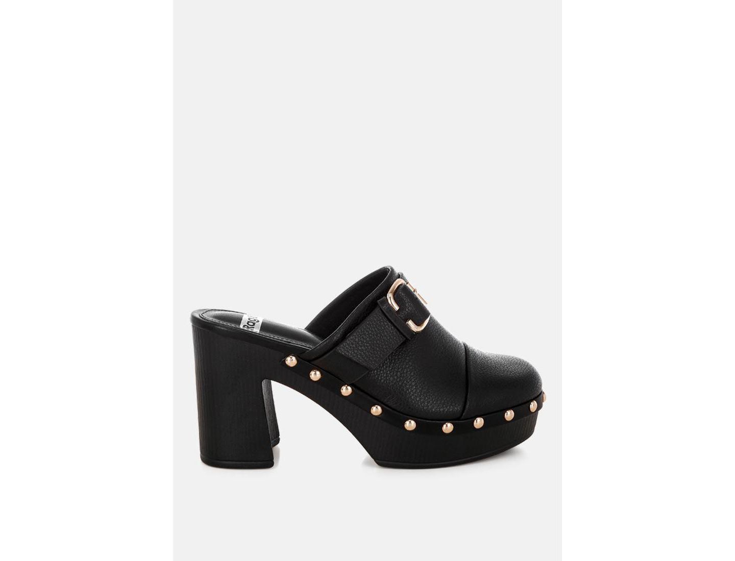 Женские сабо Rag & Co Septim Genuine Leather Studded Clog Heels, цвет: Чёрный кожаный — фото 4