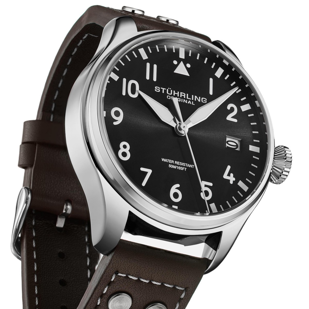 Мужские часы-пилот Stuhrling Airman 4078 на кожаном ремешке 43мм — фото 1