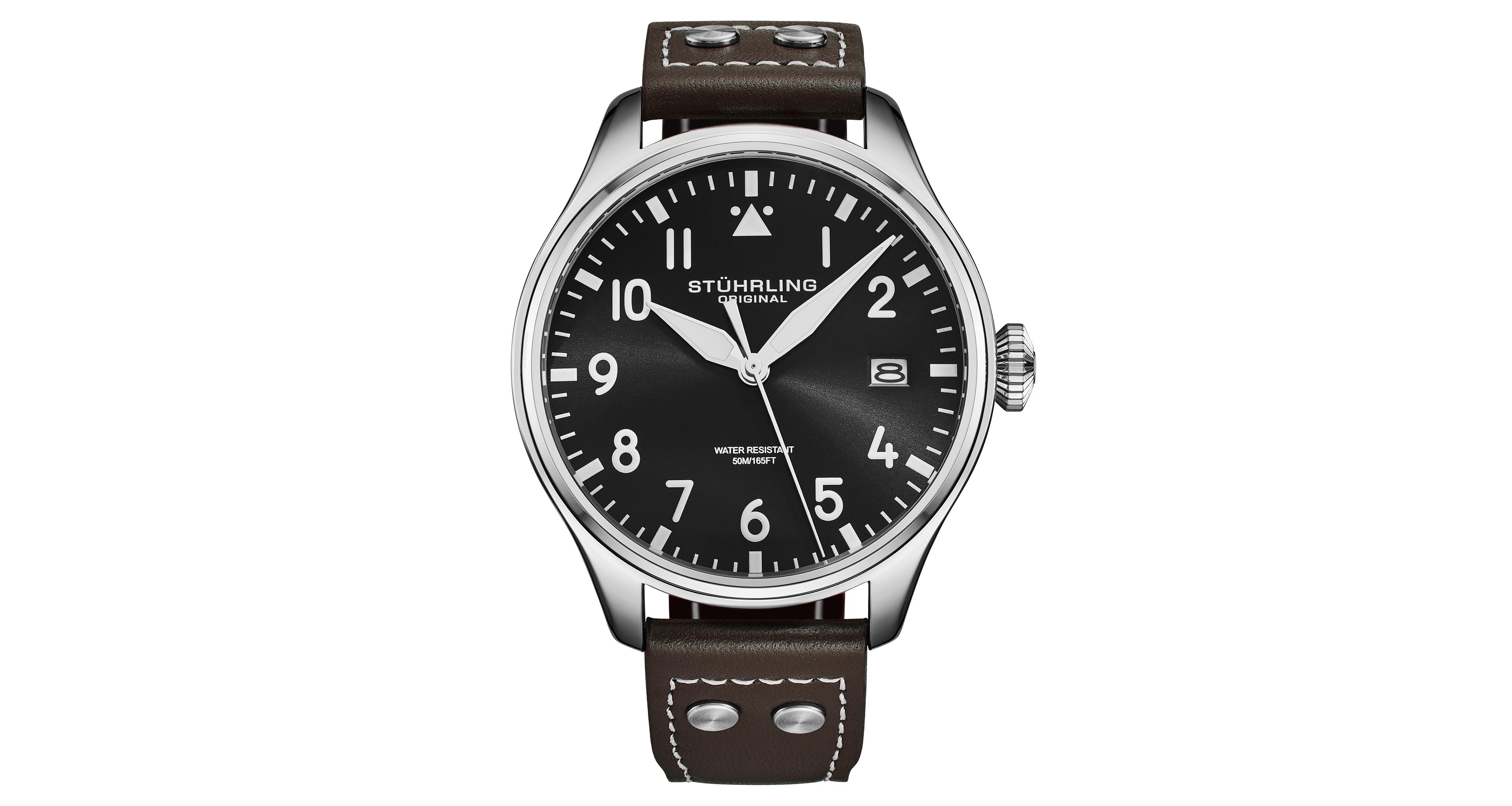 Stuhrling Airman 4078 Men s Quartz Pilot Watch, 43mm Alloy Case with Leather Strap