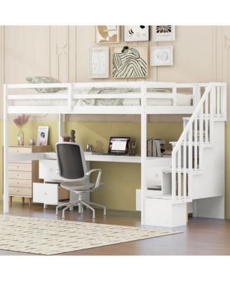 Twin Size Loft Bed Frame with Built-in Desk and Double Storage Drawers