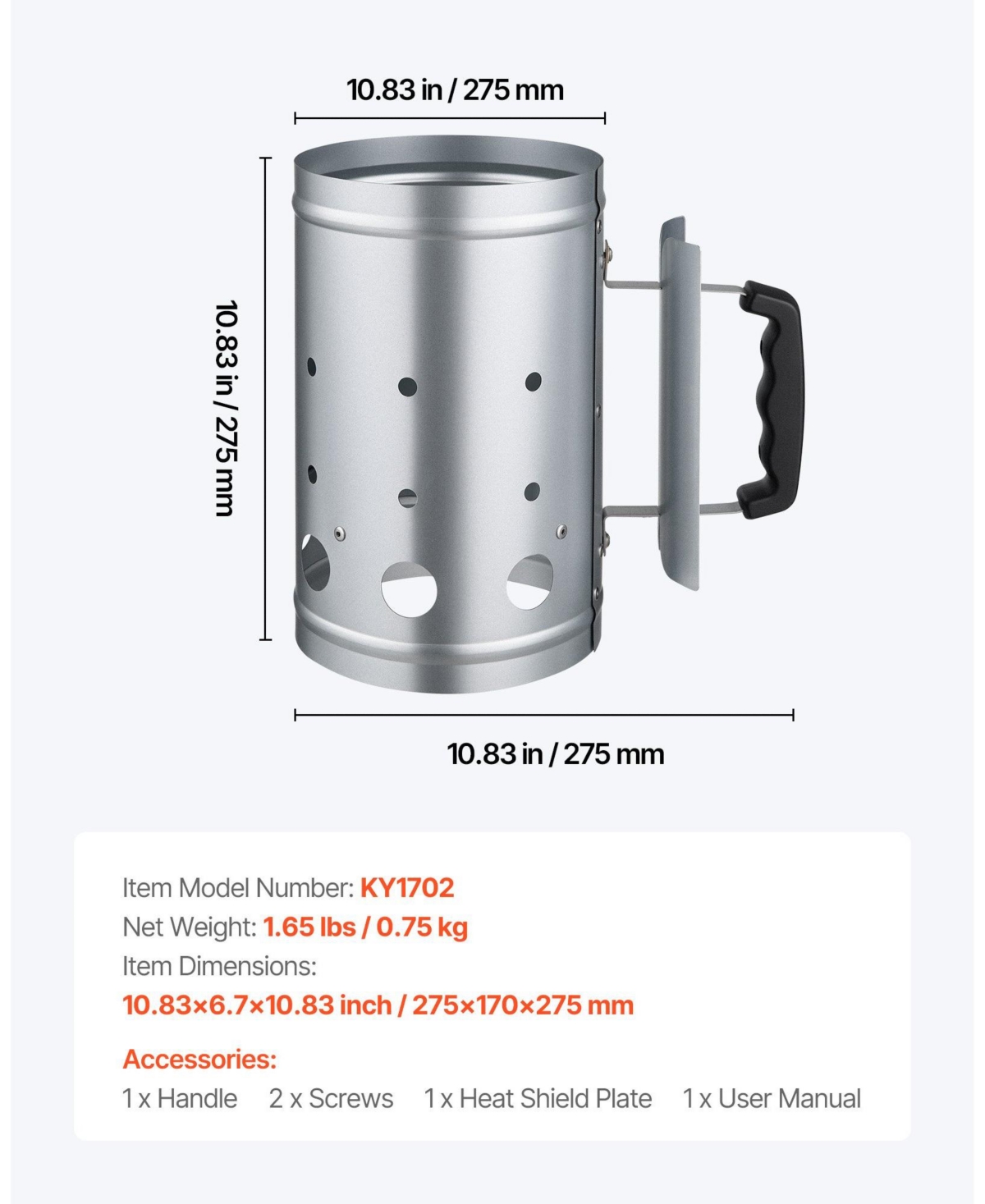 Ecooso 4 lbs Charcoal Chimney Starter, Heavy Duty Bbq Steel Chimney Starter for Charcoal Grill and Barbecues, Silver