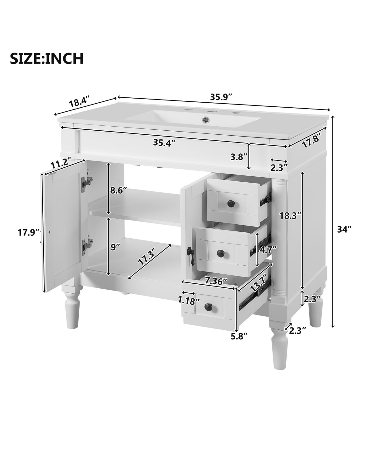Cesicia 36" Bathroom Vanity with Ceramic Sink, Soft-Close Doors & Adjustable Shelves.