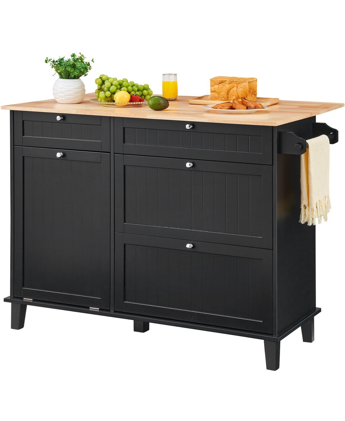 Volenca 50" Kitchen Island Cart with Wood Top, Tilt-Out Trash Cabinet for 10-Gallon Storage, Drop Leaf, Drawer, Towel Bar, Black