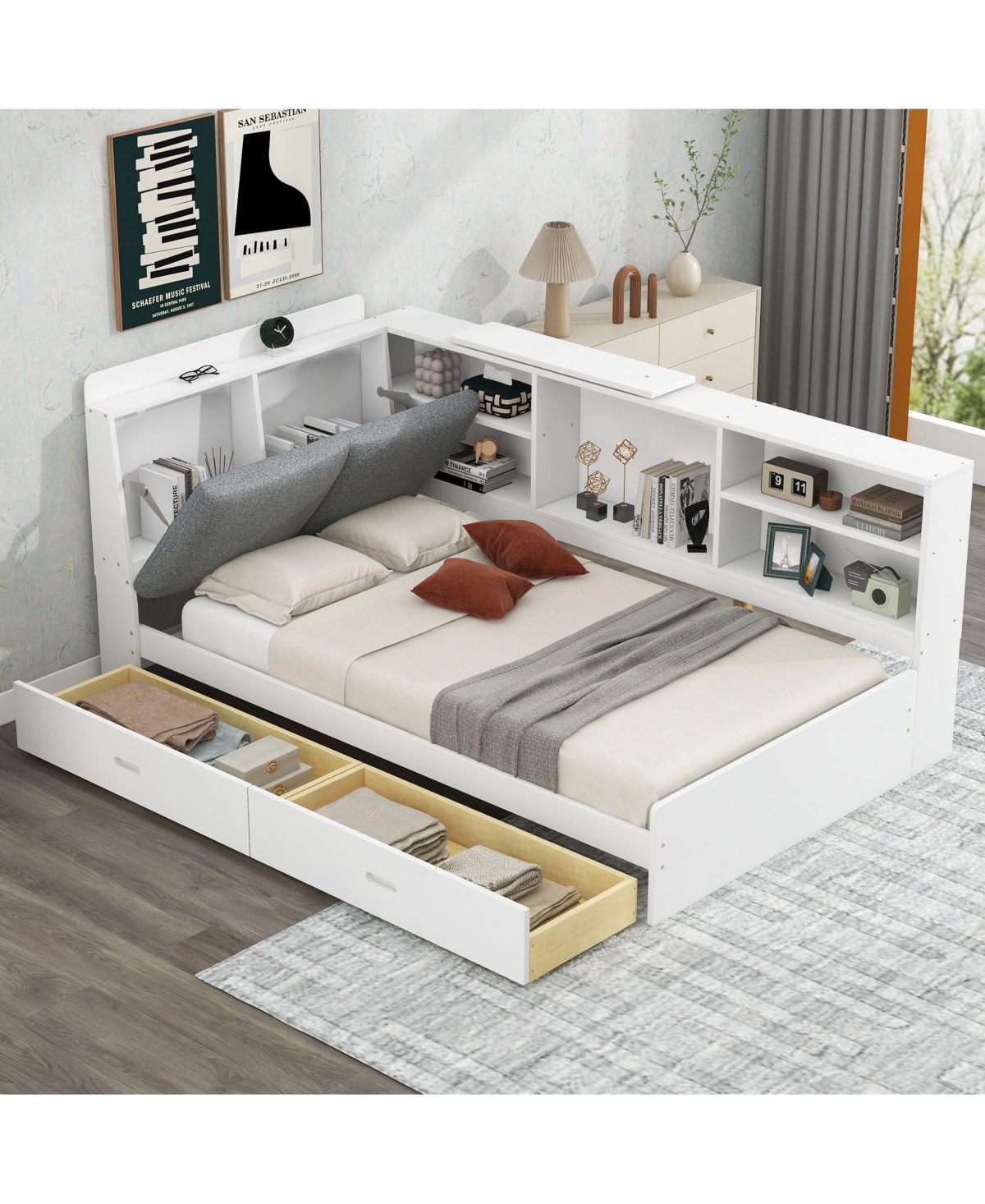 Boyel Living Wood Twin platform bed with Storage Headboard, Shelves and 2 Drawers