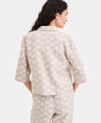 Women's 100% Linen Print Roll-Tab Camp Shirt