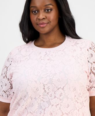 Plus Size Lace-Front Short-Sleeve Sweater