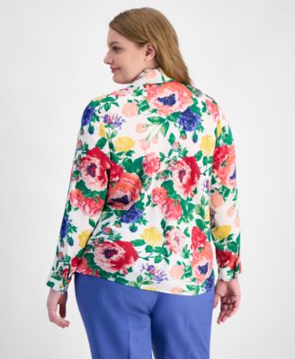 Plus Size Floral Print Tie-Neck Blouse 