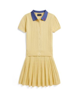 Girls' 7-16 Mini-Cable Polo Cardigan and Skirt, 2-Piece Set
