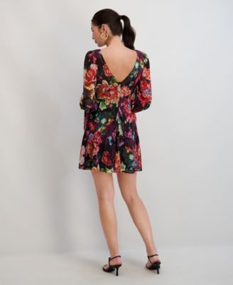 Women's Printed Chiffon Boat Neck Short Dress