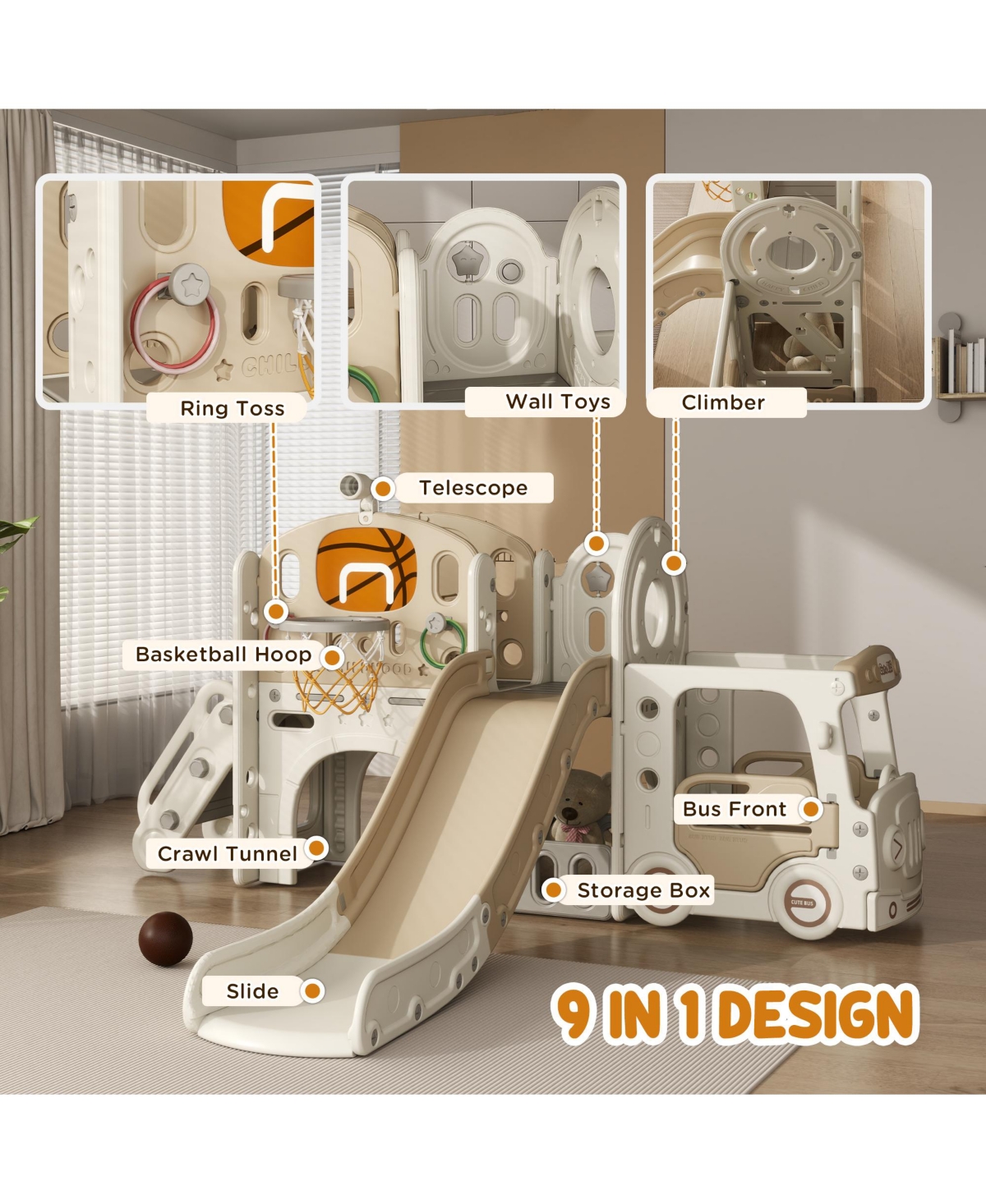 Qaba Toddler 9 in 1 Slide Ages 1-6 with Car Design,
