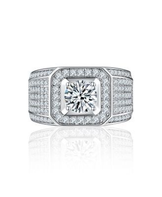 Statement Halo Square Solitaire Men's Ring Micro Pave Band Silver Plated