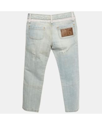 Women's Blue Distressed Denim Rhinestone Detail Crop Jeans