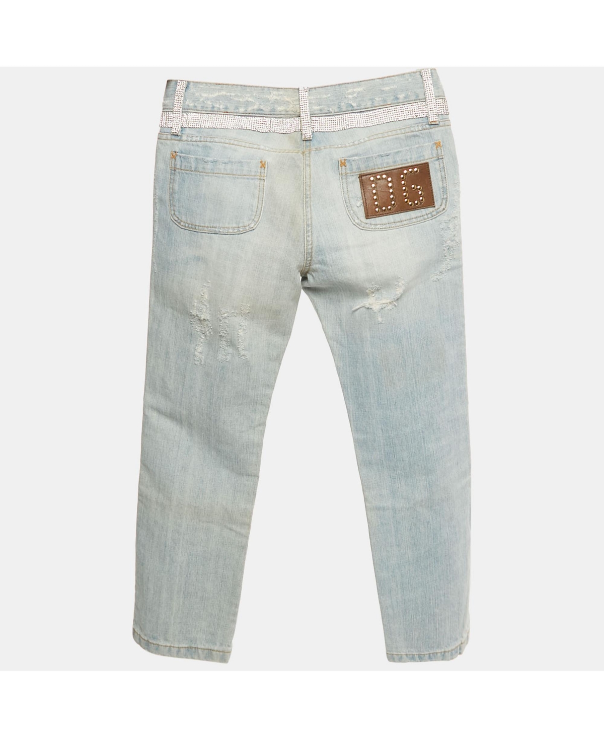 Pre-Owned Dolce & Gabbana Women's Blue Distressed Denim Rhinestone Detail Crop Jeans