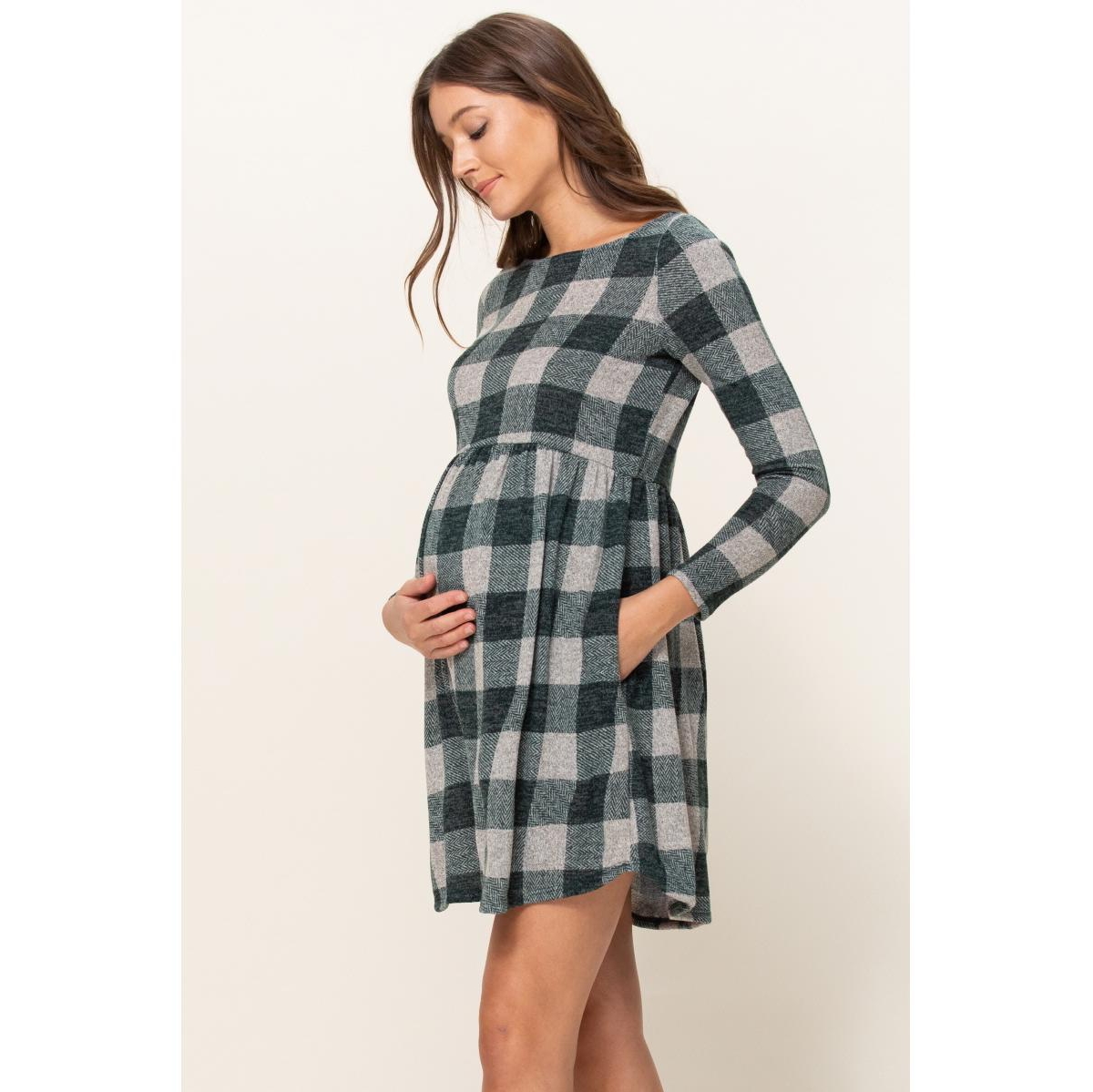 Hello Miz Maternity Empire Waist Long Sleeve Plaid Dress