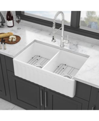huluwat 33x20x10inch White Farmhouse Sink Ceramic Porcelain Double Bowl Reversible Design