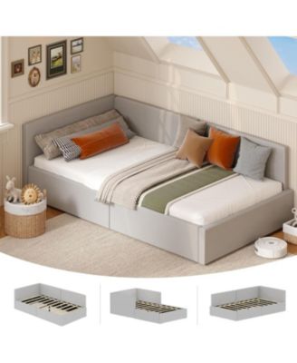 Daybed with Guardrails, Velvet Upholstered Corner Bed Frame, Adjustable Headboard, No Box Spring Needed