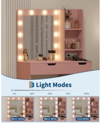 Kids Vanity Desk, Lighted Vanity Mirror with Lights 3 Color Modes, Tri Fold Mirror 180° Folding Touch Control