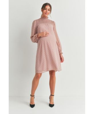 Maternity Smocked Neck Long Sleeve Textured Dot Dress