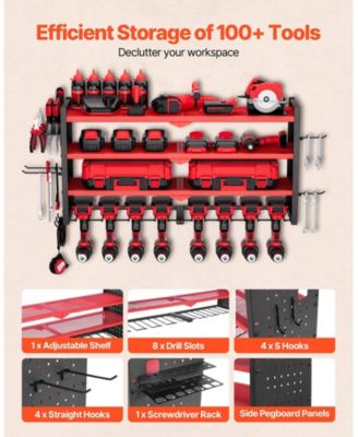 Wall-Mount Power Tool Organizer, 4-Tier Storage Rack with 8 Drill Holders, Side Pegboards, Garage Tool Storage Rack