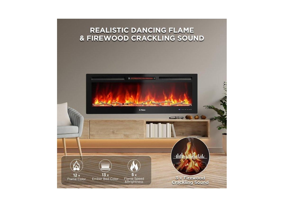 Gaomon 90" Electric Fireplace Insert, Ultra-Slim Wall Mounted/Recessed Heater, 12 Flame Colors, WiFi, Remote & Touchscreen, Adjustable Thermostat