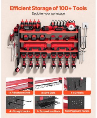 Power Tool Organizer with Charging Station, 4-Tier Wall Rack with 8 Drill Holders, Side Pegboard, Built-In 8-Outlet Power Strip