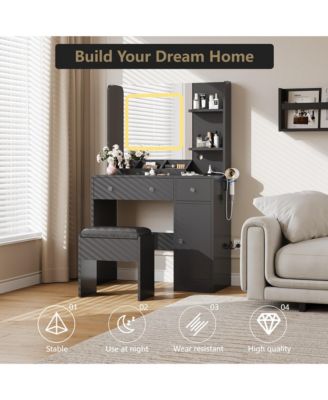Vanity Desk and Stool with Mirror and Lights，Makeup Vanity with Charging Station, Drawers