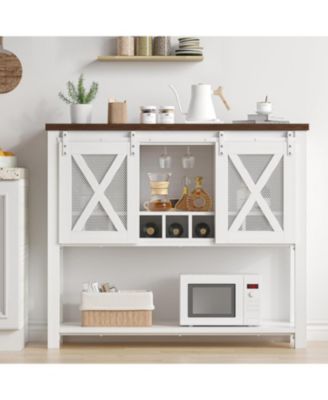 Coffee Bar Cabinet, Farmhouse Sideboard Buffet with Sliding Barn Doors, Wine Racks, Open Storage Shelf, for Kitchen, Dining Room