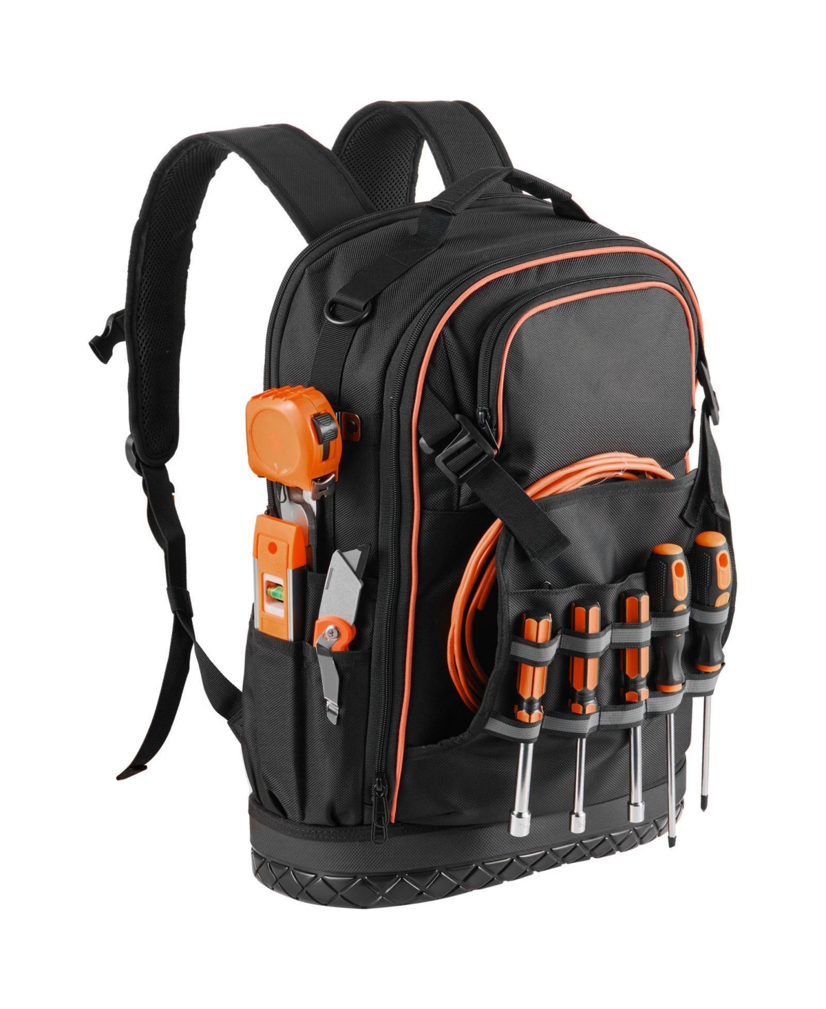 Mecale Tool Backpack, 65 Pockets, Heavy-Duty Tool Storage Organizer with Laptop Compartment & Molded Base, Electrician Jobsite Backpack