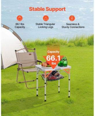Folding Camping Table, Adjustable Height Aluminum & MDF with Mesh Shelf, Carry Handle, 24x16", Silver