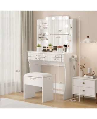 Dressing Table with 12 LED Mirror and Stool,Modern Vanity Desk with Power Outlet,2 Drawers and 6 Shelve for Cosmetics Storage