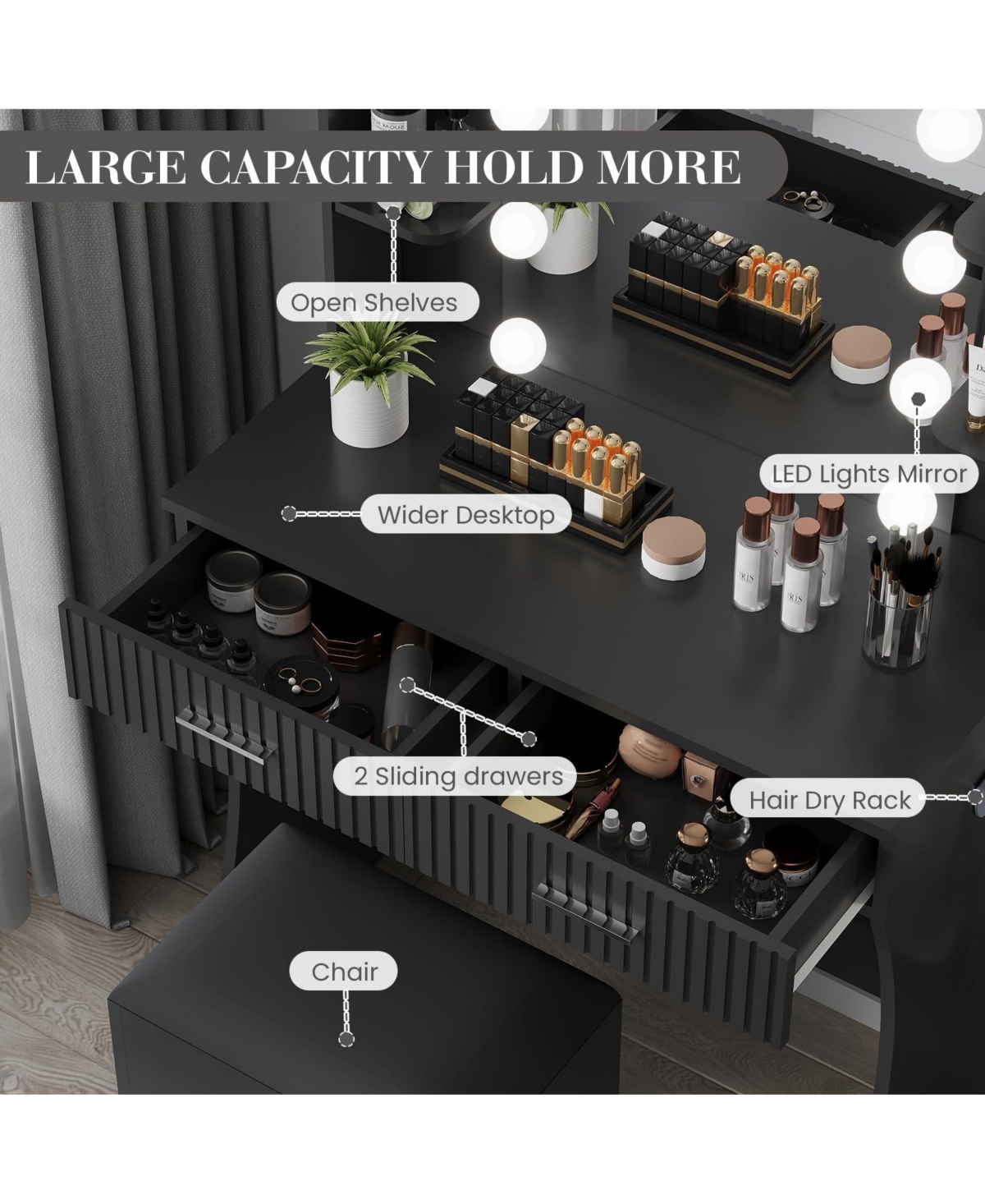 gaomon Dressing Table with 12 Led Mirror and Stool,Modern Vanity Desk Power Outlet,2 Drawers 6 Shelve for Cosmetics Storage