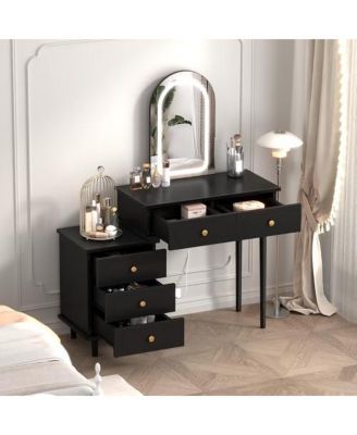 Makeup Vanity Desk with Lights and Mirror, Modern Dressing Table with 2 Drawers & 3-Drawer Cabinet, Adjustable LED Lighting Wood Vanity