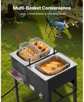 Outdoor Propane Deep Fryer, Dual-Tank 16QT x2, Stainless Steel Fryer with 3 Baskets, Thermometer, 50,000 BTU, Floor Standing